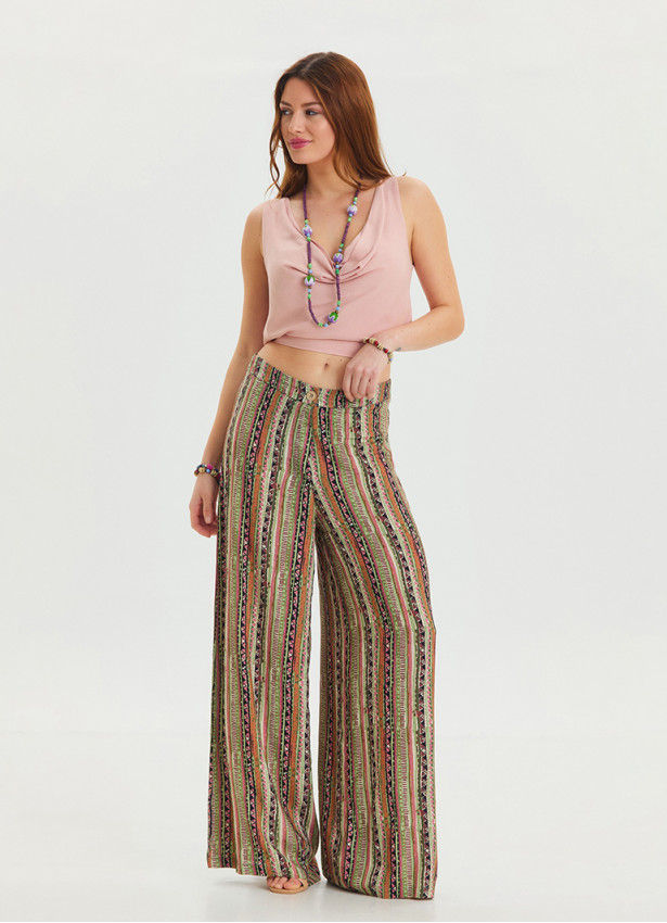 High Waist Loose Cut Khaki Palazzo Trousers 4537